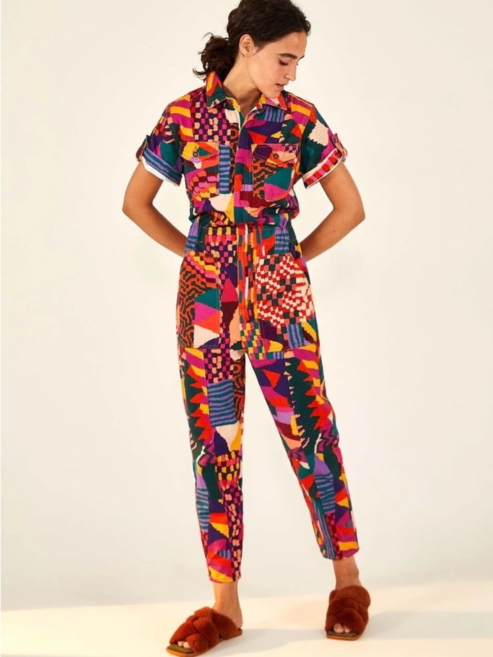 Farm Rio Manga Corta Multicolor Geometric Print Jumpsuit